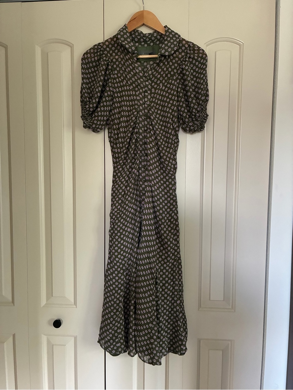 Anthropologie Olive Green Printed Midi Dress with Puff Sleeves